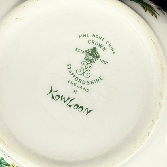 1970 Kowloon Avocado Bowl Crown Staffordshire Fine Bone China Green Asian Floral - Picture 9 of 11